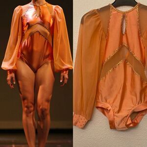 LA dance solo custom orange costume mesh rhinestone poet sleeve Diana leotard LC
